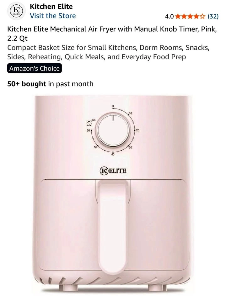 2.2Qt Air Fryer with Manual Knob Controls (Pink/White)