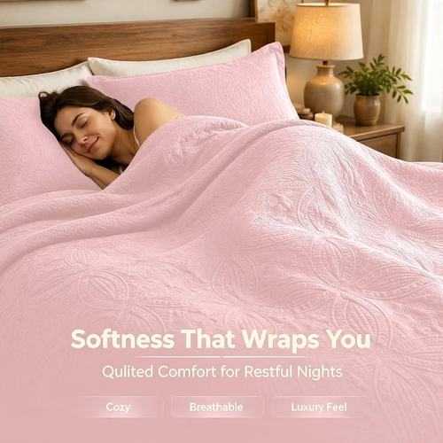 Pink Quilt Set Queen Size, Lightweight Soft Polyester Bedspread - photo 2