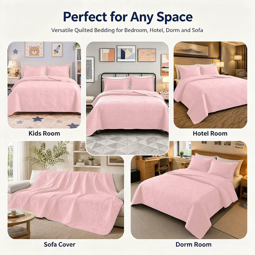 Pink Quilt Set Queen Size, Lightweight Soft Polyester Bedspread - photo 4