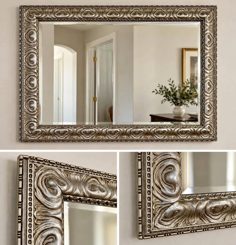 Large Vintage Ornate Silver Wall Mirror – 41.5” W × 29.5” H