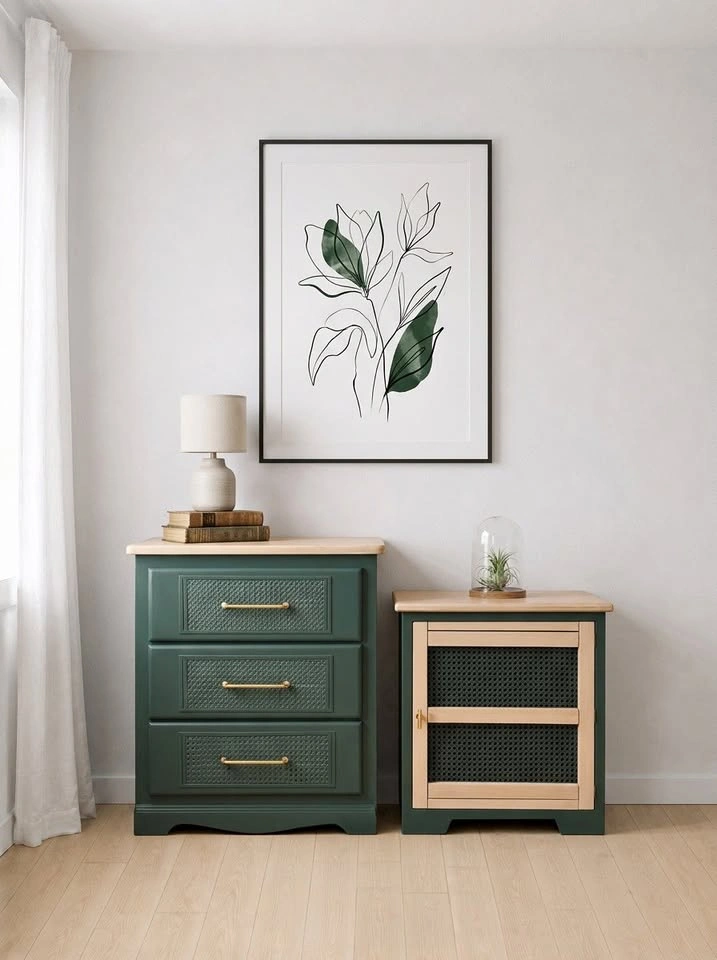 Solid Pine "Hidden Gem" & Rattan Accent Set
