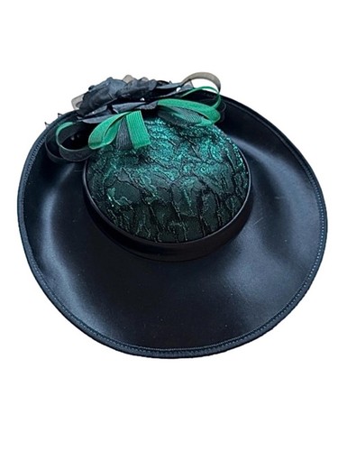 Vintage 80's Black Satin Green Lace Fascinator Hat