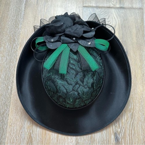 Vintage 80's Black Satin Green Lace Fascinator Hat - photo 2
