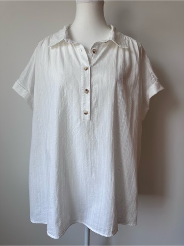 Andreé by Unit 100% Cotton White Cap Sleeve Henley Shirt 3X