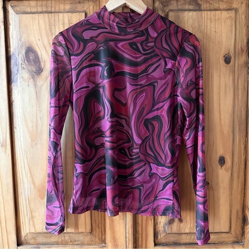 NWOT Suzy Shier Sheer Mock Neck Mod Psychedelic Top - Med