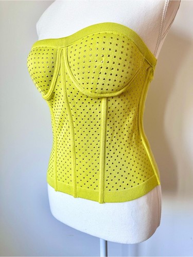 Sweetheart Bustier Knit Corset Top Neon Lime Green Gold Studs - photo 4