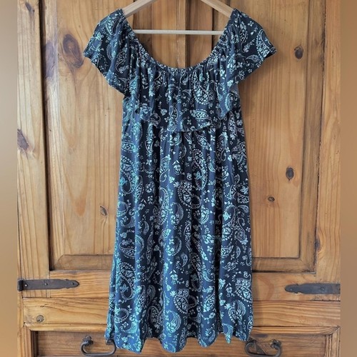 Blue Boho Paisley Off The Shoulder Flounce Neck Summer Dress