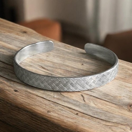 Brushed Sterling Silver Woven Tartan Plaid Cuff Bracelet