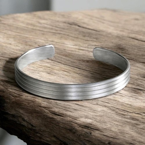 Brushed sterling silver linear pinstripe open cuff bangle bracel
