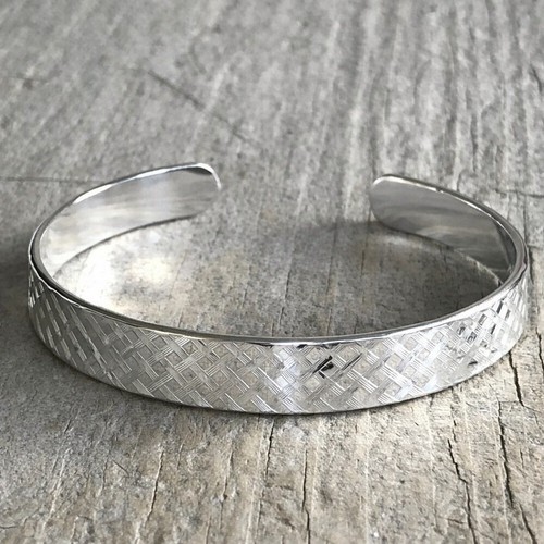 Shiny Sterling Silver Plaid Tartan Open Cuff Bangle