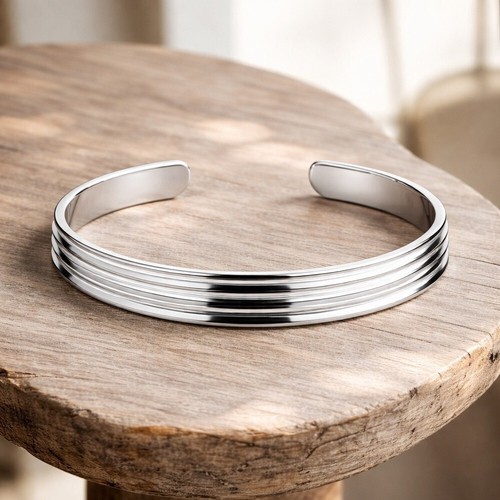 Shiny Sterling Silver Pinstripe Open Cuff Bangle Handmade