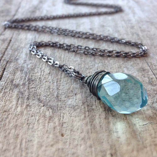 Aquamarine Blue March Birthstone Necklace Teardrop Charm