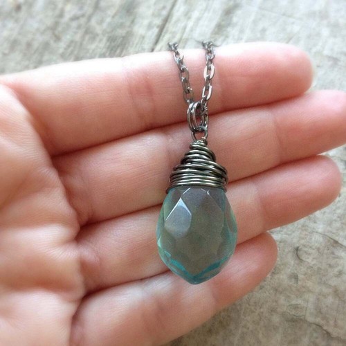 Aquamarine Blue March Birthstone Necklace Teardrop Charm - photo 2