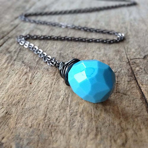 Turquoise December Birthstone Necklace Wire Wrap Teardrop