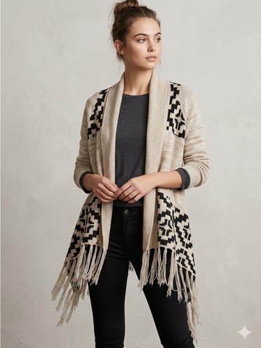 Beige & Black Aztec Geometric Fringe Open-Front Cardigan - M