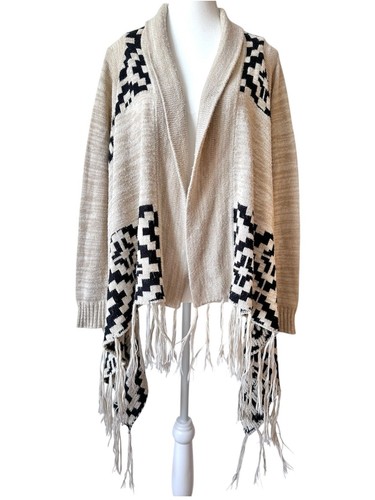 Beige & Black Aztec Geometric Fringe Open-Front Cardigan - M - photo 2