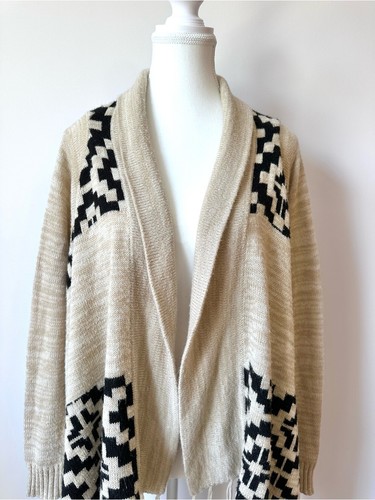 Beige & Black Aztec Geometric Fringe Open-Front Cardigan - M - photo 3