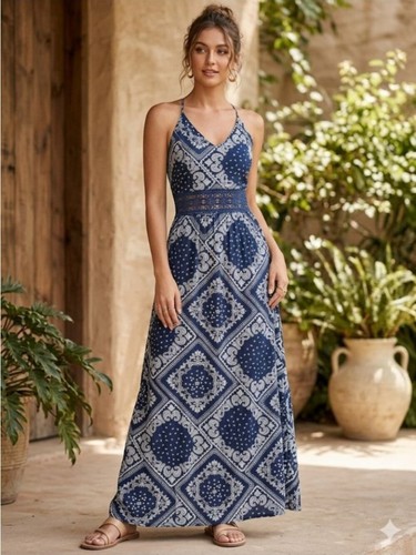 NWT Bandana Print Boho Halter Maxi Dress - XL