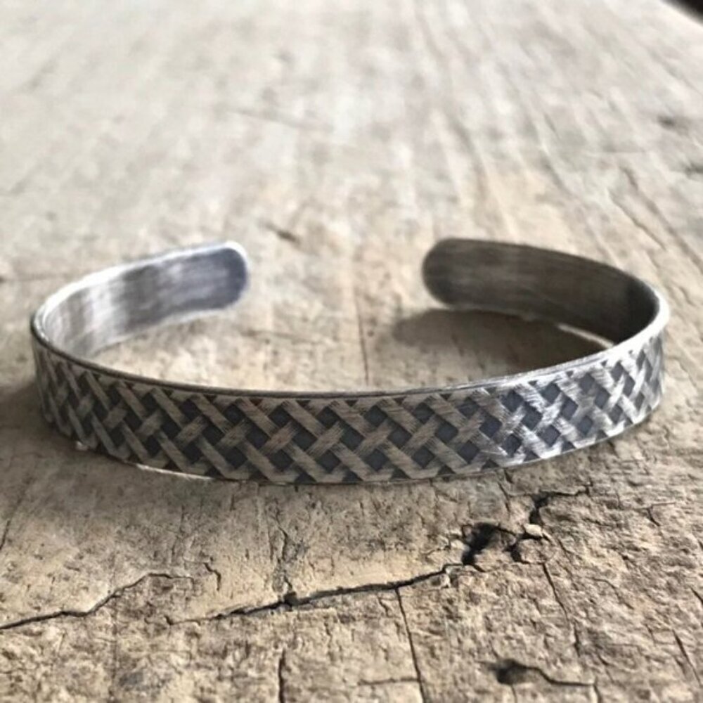 Solid Sterling Silver Plaid Tartan Open Cuff Bangle Bracelet