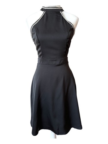 Black Halter Dress Fit & Flare Contrast Crochet Trim - L