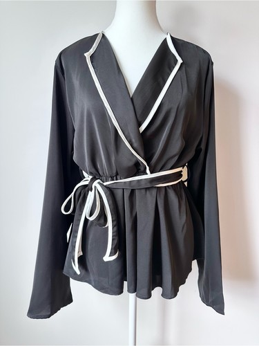 Black and White Peplum Wrap Top with Tie Belt - XL