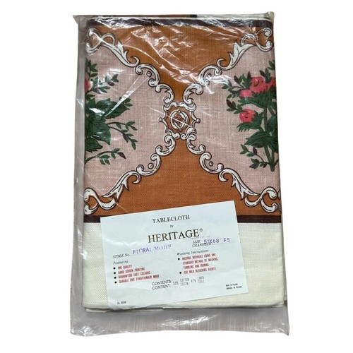 NOS Vintage Heritage Cotton Linen Tablecloth Cream Brown 51x68