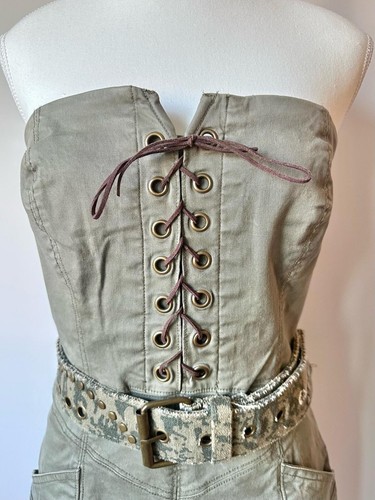 Vintage Y2K Guess Strapless Lace-Up Army Green Mini Dress - photo 2