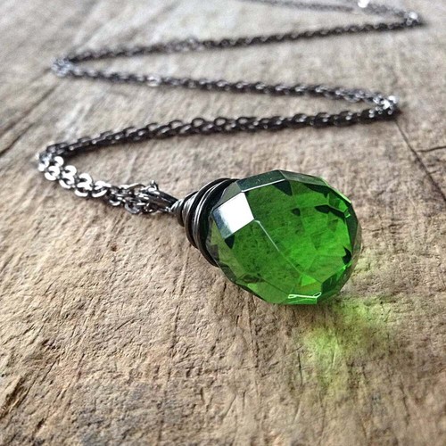 Green Peridot August Birthstone Necklace Wire Wrap Teardrop