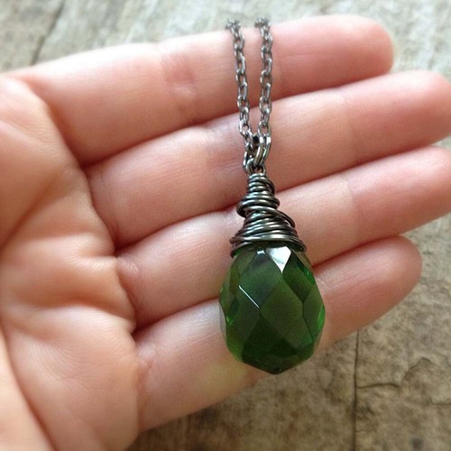 Green Peridot August Birthstone Necklace Wire Wrap Teardrop - photo 2