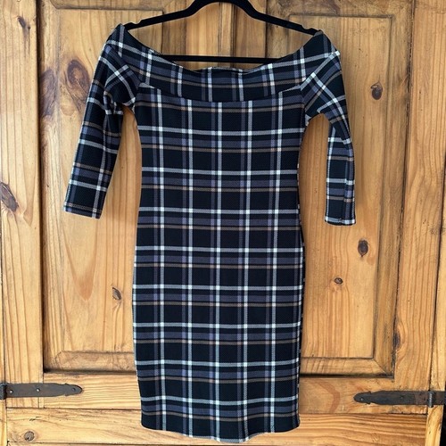 Vintage Y2K Off The Shoulder Plaid Bodycon Mini Dress XS