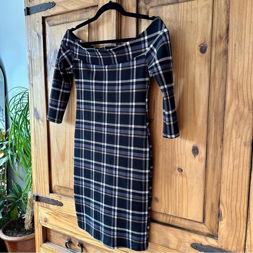 Vintage Y2K Off The Shoulder Plaid Bodycon Mini Dress XS - photo 2