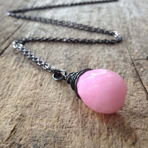 Pink Rose Quartz Birthstone Necklace Wire Wrapped Faceted Glass