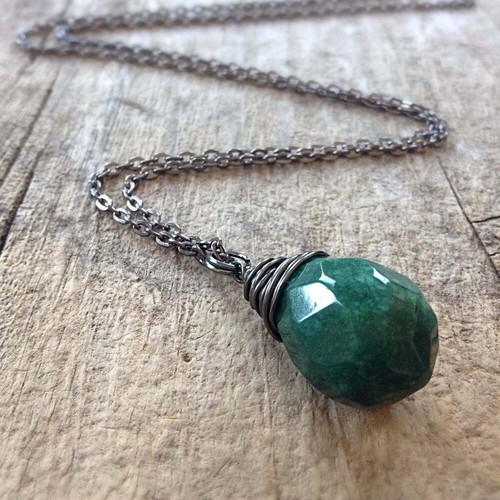 Emerald Green May Birthstone Necklace Wire Wrapped Teardrop