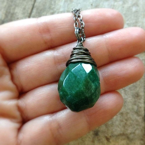 Emerald Green May Birthstone Necklace Wire Wrapped Teardrop - photo 2