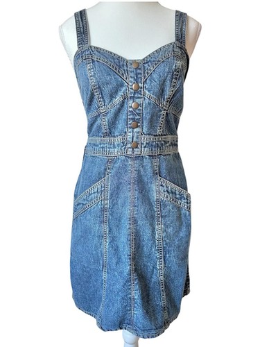 Japna Blue Denim Sweetheart Mini Dress Faux Button Retro S - photo 3