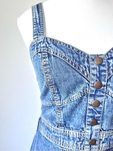 Japna Blue Denim Sweetheart Mini Dress Faux Button Retro S - photo 4