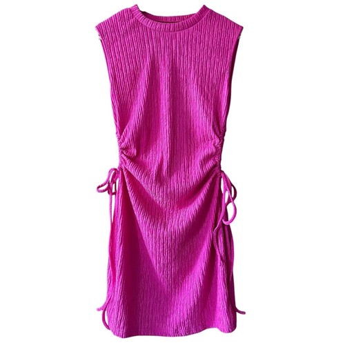 Hot Pink Crew Neck Sleeveless Cut Out Dress Drawstrings - Large