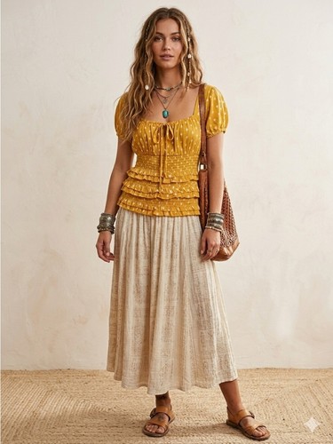 Rebellion Mustard Boho Chic Peasant Top Blouse - Medium