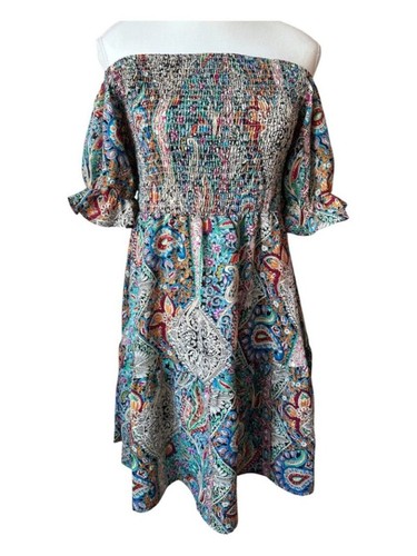 Bohemian Paisley Puff Sleeve Summer Smocked Mini Dress - L