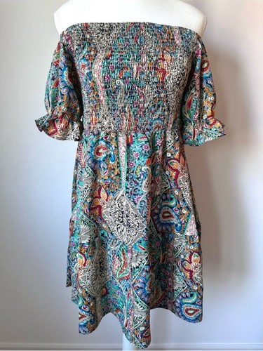 Bohemian Paisley Puff Sleeve Summer Smocked Mini Dress - L - photo 2