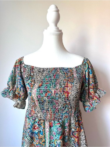 Bohemian Paisley Puff Sleeve Summer Smocked Mini Dress - L - photo 3