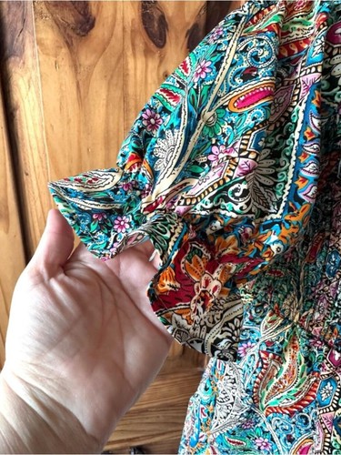 Bohemian Paisley Puff Sleeve Summer Smocked Mini Dress - L - photo 4