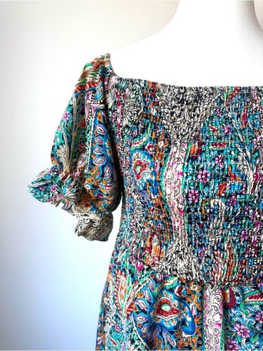 Bohemian Paisley Puff Sleeve Summer Smocked Mini Dress - L - photo 5