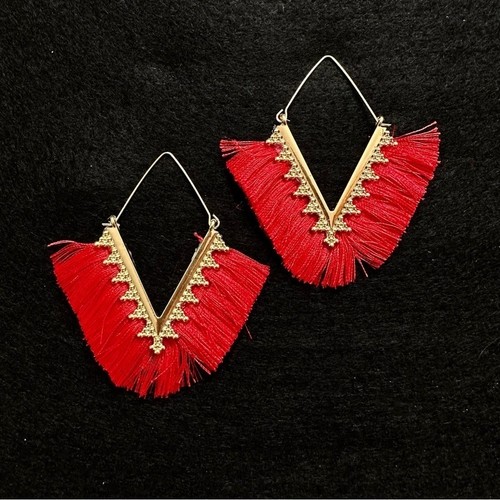 Red Chevron Tassel Earrings Gold Tone Boho Aztec Festival