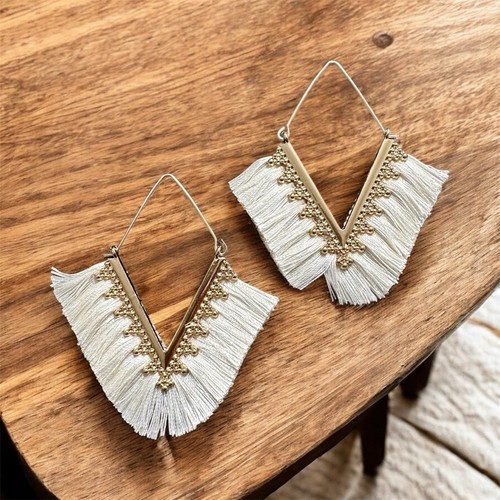 Off-White Chevron Tassel Earrings Gold Tone Boho