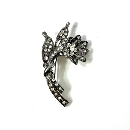 Vintage 80's Flower Brooch Rhinestones Crystal Gunmetal