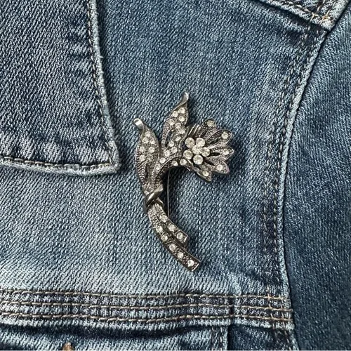 Vintage 80's Flower Brooch Rhinestones Crystal Gunmetal - photo 2