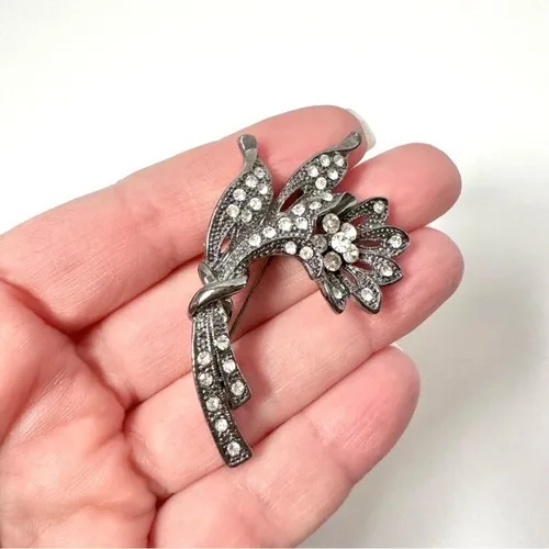 Vintage 80's Flower Brooch Rhinestones Crystal Gunmetal - photo 4
