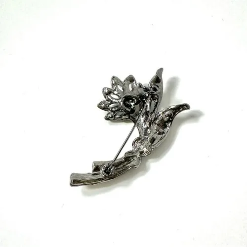 Vintage 80's Flower Brooch Rhinestones Crystal Gunmetal - photo 5
