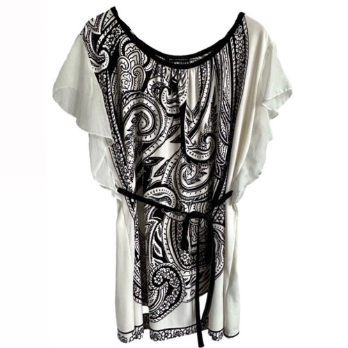 QED London Tunic Top Dress White Black Paisley Flutter Sleeves -